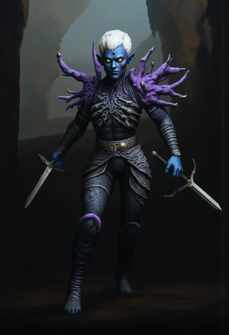 b3rs3rk macro lens d4concept pov, 3D01S, simple background d4artstyle atmospheric and powerful MikeFranchinastyle dark fantasy, natural organic and first person pov of a berserk style creature in the Tsutomu Nihei style
Dark elf warrior, ebony skin with a slight metallic sheen, contrasting shock-white hair ranging from short and tousled to long and flowing. Sharp, angular facial features with high cheekbones and pointed ears. Piercing eyes that glow with inner light, colors varying from amber to pale lavender. Athletic, lithe body clad in intricate, form-fitting armor made of overlapping weaved plates and scales in deep dark purples, blacks, and gunmetal grays. PaperStyle Armor design includes ornamental bladed edges, suggesting both protection and offensive capabilities. Wielding an assortment of elemental weapons including curved katanas, poison bottes, and magical whips made of crackling energy. Poses range from dramatic action stances to regal portraits, conveying both lethal grace and commanding presence. Background shadowy caverns. Art style spans from highly detailed digital paintings to stylized fantasy illustrations, with emphasis on dramatic lighting and shadow play to accentuate the character's mysterious and dangerous aura
UHD letterboxed game trailer frame chromatic aberration dark atmosphere sharp masterpiece with a focus on the character, elden ring, dark atmosphere