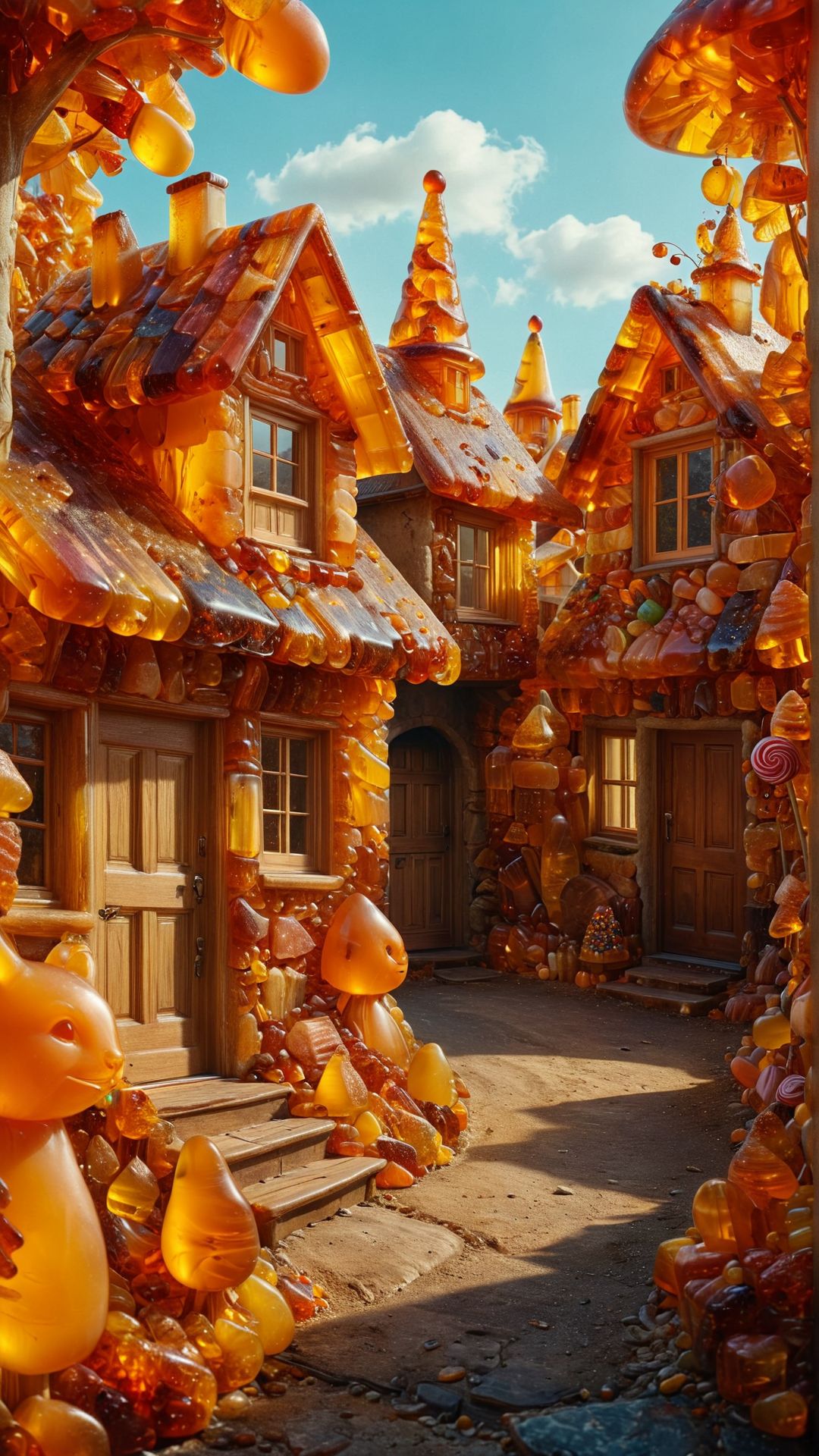 surreal, a village where houses are made of various types of sweets, people living inside and interacting with anthropomorphic candy creatures, vibrant colors, whimsical and sweet ,<lora:ral-amber:1> ral-amber
<lora:add-detail-xl:1>,
<lora:MJ52:0.35>,
<lora:SDXLFaeTastic2400:0.325>,
(settings by AIDigitalmediaaggency:0.0001),
OverallDetailXL
