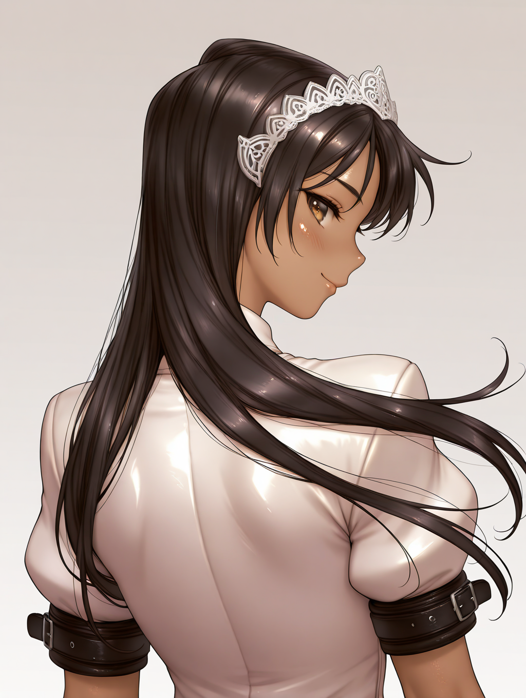 masterpiece,best quality,newest,1girl,solo,
<lora:Ayabe_Lilyna_ilxl_v1.3:1>,Lilyna,headdress,long hair,black hair,brown eyes,dark-skinned female,shiny skin,L_clothes,wrist cuffs,impossible dress,short_sleeves,
<lora:Fixhands_anime_bdsqlsz_V1:1>,dynamic_angle,cinematic_angle,looking_at_viewer,white_background,simple_background,face_focus,upper_body,light_blush,from behind,looking_back,profile,smile,
