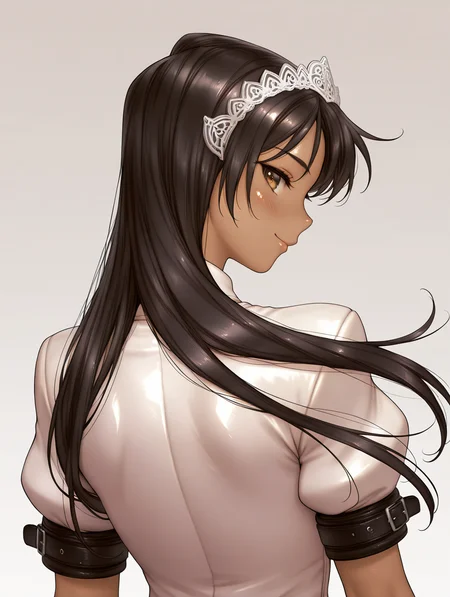masterpiece,best quality,newest,1girl,solo,
<lora:Ayabe_Lilyna_ilxl_v1.3:1>,Lilyna,headdress,long hair,black hair,brown eyes,dark-skinned female,shiny skin,L_clothes,wrist cuffs,impossible dress,short_sleeves,
<lora:Fixhands_anime_bdsqlsz_V1:1>,dynamic_angle,cinematic_angle,looking_at_viewer,white_background,simple_background,face_focus,upper_body,light_blush,from behind,looking_back,profile,smile,