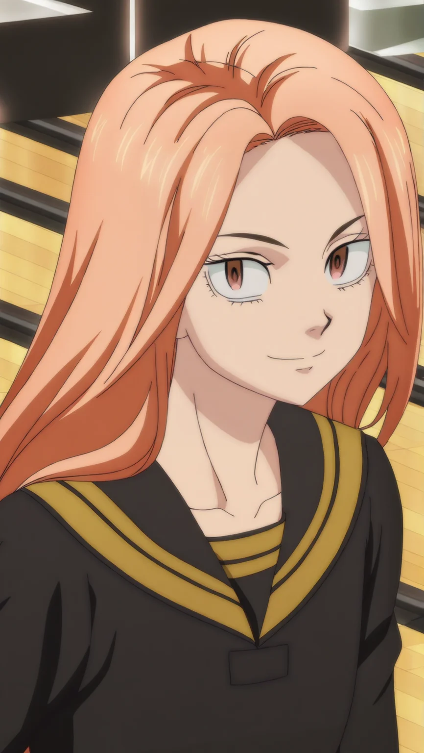 source_anime, masterpiece, best quality, amazing quality, anime screencap, high quality, 8k, absurdres, official style, bowling alley, <lora:Yuzuha_Shiba_iL:1>, yuzuh4 5h1b4, brown eyes, orange hair, long hair, schoolgirl outfit, shirt, long sleeves, school uniform, serafuku, black shirt, upper body, smile, looking at viewer