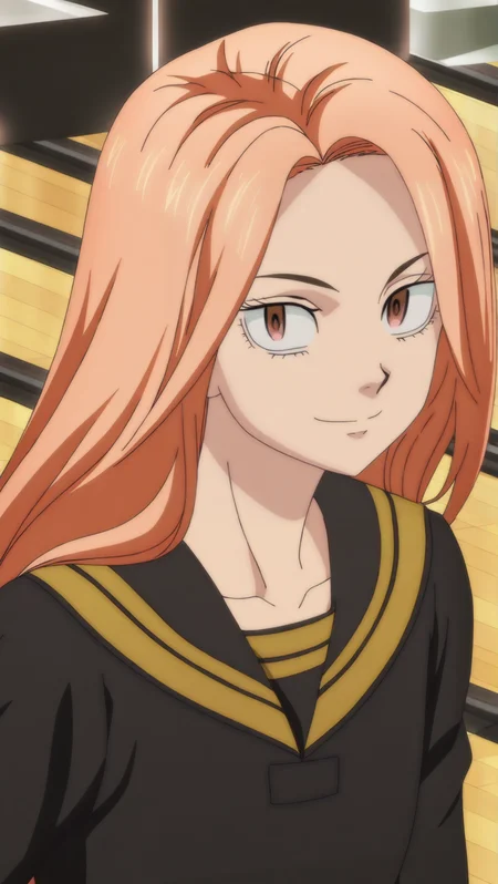 source_anime, masterpiece, best quality, amazing quality, anime screencap, high quality, 8k, absurdres, official style, bowling alley, <lora:Yuzuha_Shiba_iL:1>, yuzuh4 5h1b4, brown eyes, orange hair, long hair, schoolgirl outfit, shirt, long sleeves, school uniform, serafuku, black shirt, upper body, smile, looking at viewer
