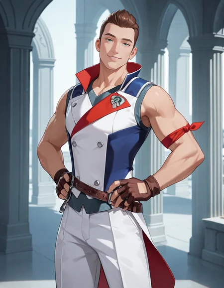 masterpiece, best quality, newest, perfect quality, best quality, detailed background, intricate details, male focus, solo, 2d, <lora:RWBY - Clover Ebi - Illustrious-000006:0.7>, cloverebi, 1boy, brown hair, very short hair, green eyes, sleeveless coat, single red armband, brown fingerless gloves, brown belt, white pants, blue boots, standing, hands on own hips, head tilt, smirk, looking at viewer