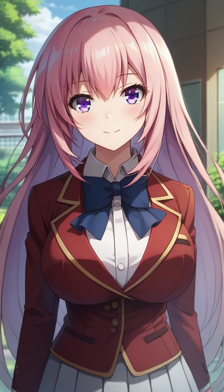 score_9,score_8_up,masterpiece,best quality,correct anatomy,anime_source,1girl,solo,perfect eyes,perfect arms,perfect legs,perfect face,outdoors,upper body,(portrait:1.5),looking at viewer,facing viewer,smile,blush,Ichinose Honami,very long hair,pink hair,floating hair,sidelocks,hair between eyes,bangs,purple eyes,school uniform,red jacket,blazer,blue bowtie,white shirt,collared shirt,dress shirt,long sleeves,large breasts,skindentation,miniskirt,white skirt,pleated skirt,black socks,loafers,brown footwear,<lora:Ichinose Honami(cote)-Pony:1.6>,