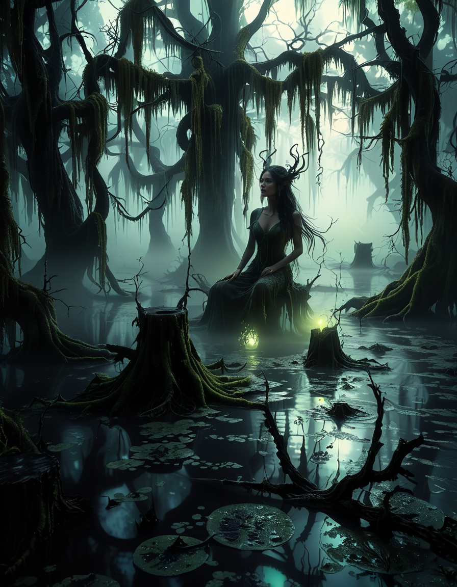 A demonic fairy woman sitting gracefully in an ominous swamp,0m1n0us sw4mp. She has a hauntingly beautiful appearance, with translucent, tattered wings resembling those of an insect, glowing faintly in a dark, eerie hue. Her skin is pale with subtle, intricate patterns like magical runes etched into it, and her eyes glow with an unsettling red or violet light. She wears an ethereal, dark gown made of shredded, otherworldly fabric that appears to flow like smoke, blending with the mist of the swamp. Her hair is long, wild, and black with streaks of silvery white, floating slightly as if affected by unseen magical energy.
The swamp around her is dark and foreboding, with twisted, gnarled trees reaching out like claws. The water is murky, reflecting a pale, sickly green glow from bioluminescent plants and fungi scattered throughout. The air is filled with a faint, ghostly mist, and strange, faint lights hover in the background, adding a mystical atmosphere. The lighting is dim, with a soft, ethereal glow illuminating the fairy woman from below, contrasting with the deep shadows of the swamp. The mood is dark, mysterious, and magical, evoking both beauty and menace.<lora:SDXLFaeTastic2400:0.4> <lora:extremely_detailed:0.4> extremely detailed, <lora:0m1n0us_sw4mp:1>, Masterpiece,best quality,hi res,8k,hi res,8k,award winning,(sharp focus, intricate, highly detailed),