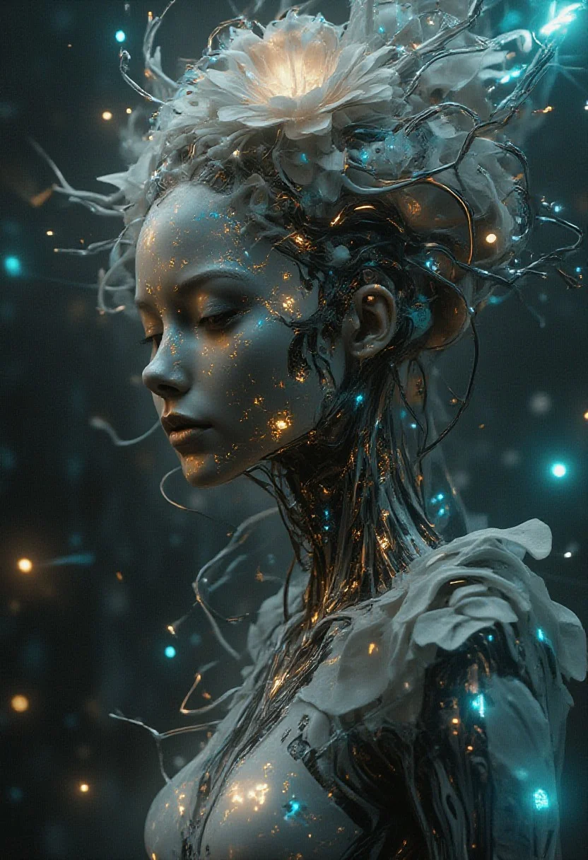 Abstract Lighting Effects, Hyperrealism, Midjourney Style, Photorealism, Cinematic, High Fidelity, Realism, Light Play,
analog style, smooth soft skin, close-up beautiful fractal flower decorated with snow-white Japanese empress beautiful body, science fiction, futuristic, utopian, machine parts, body parts, wires, circuits, high detail, octane rendering, cinematic, Ayami Kojima, Karol Bak, Greg Hildebrandt and Mark Brooks, hauntingly surreal, gothic, highly detailed and intricate, rich deep colors., science fiction, intricate artistic masterpiece, ominous, matte film poster, golden ratio, trending cgsociety, twisted, epic, trending on artstation, author artgerm, ch.r. Giger and Beksinski, science fiction, intricate art masterpiece, sinister, matte painting movie poster, golden ratio, trending cgsociety, intricate, epic, trending on artstation, by artgerm, h. R. Giger and Beksinski, highly detailed, vibrant, cinematic character rendering, ultra-high quality model