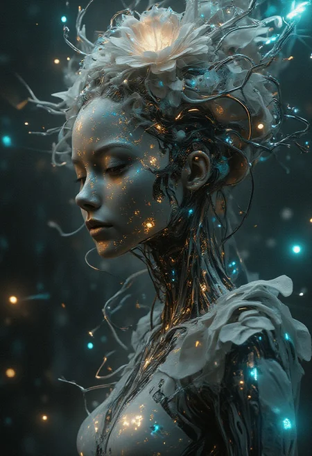 Abstract Lighting Effects, Hyperrealism, Midjourney Style, Photorealism, Cinematic, High Fidelity, Realism, Light Play,
analog style, smooth soft skin, close-up beautiful fractal flower decorated with snow-white Japanese empress beautiful body, science fiction, futuristic, utopian, machine parts, body parts, wires, circuits, high detail, octane rendering, cinematic, Ayami Kojima, Karol Bak, Greg Hildebrandt and Mark Brooks, hauntingly surreal, gothic, highly detailed and intricate, rich deep colors., science fiction, intricate artistic masterpiece, ominous, matte film poster, golden ratio, trending cgsociety, twisted, epic, trending on artstation, author artgerm, ch.r. Giger and Beksinski, science fiction, intricate art masterpiece, sinister, matte painting movie poster, golden ratio, trending cgsociety, intricate, epic, trending on artstation, by artgerm, h. R. Giger and Beksinski, highly detailed, vibrant, cinematic character rendering, ultra-high quality model