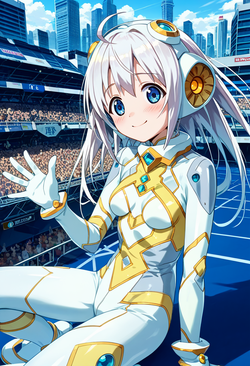 score_9, score_8_up, score_7_up, source_anime, anime artwork, all intricate, extremely detailed wallpaper, best quality, masterpiece, 1girl, solo,
ultiwhite, small breasts, white bodysuit, smile, embarrassed, blush cityscape, waving arm, audience, 
 <lora:UltimateGirls-PDXL-2-000002:0.8>