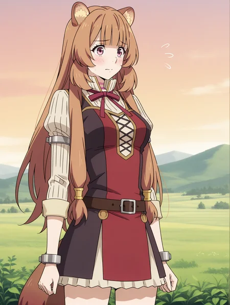 (red dress striped sweater red neck ribbon belt:1.50),
tny-raphtalia, pink eyes, brown hair, sidelocks, blunt bangs, raccoon ears, raccoon tail,
medium breasts, 1girl, solo, skinny,
(masterpiece, highres, ultra-detailed,very aesthetic, best quality, absurdres, high quality, highres),
flustered,
,
(feet:0.90),
BREAK,
hill,
long hair
<lora:tny-raphtalia-V01-illXL-000003:0.90>
