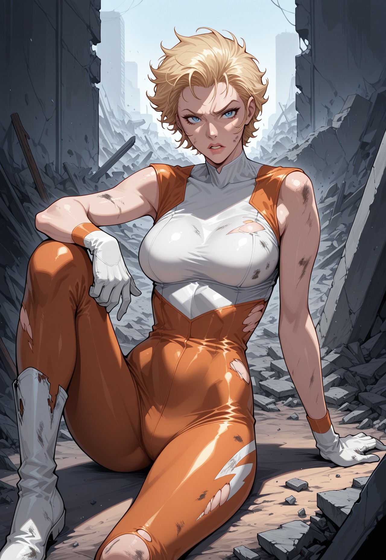 masterpiece, best quality, detailed, realistic, cowboy shot, irritated, parted lips, 1girl, solo, outruninv, short hair, blonde, bodysuit, sleeveless, white gloves, white boots, sitting on ground, arm support, knee up, dirty, torn clothes, rubble, destruction, 