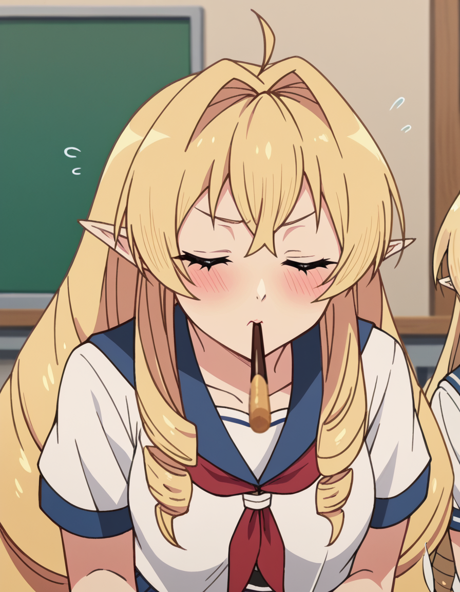 score_9, score_8_up, score_7_up, source_anime, <lora:elinalise-dragonroad-s2-ponyxl-lora-nochekaiser:1>, elinalise dragonroad, long hair, blonde hair, very long hair, ahoge, pointy ears, drill hair, medium breasts, anime screencap, <lora:incoming-pocky-kiss-ponyxl-lora-nochekaiser:1>, incoming pocky kiss, looking at viewer, blush, food, mouth hold, flying sweatdrops, pocky, closed eyes, foreshortening, classroom, serafuku, school uniform, white shirt, blue sailor collar, blue skirt, pleated skirt, short sleeves, neckerchief, red neckerchief,