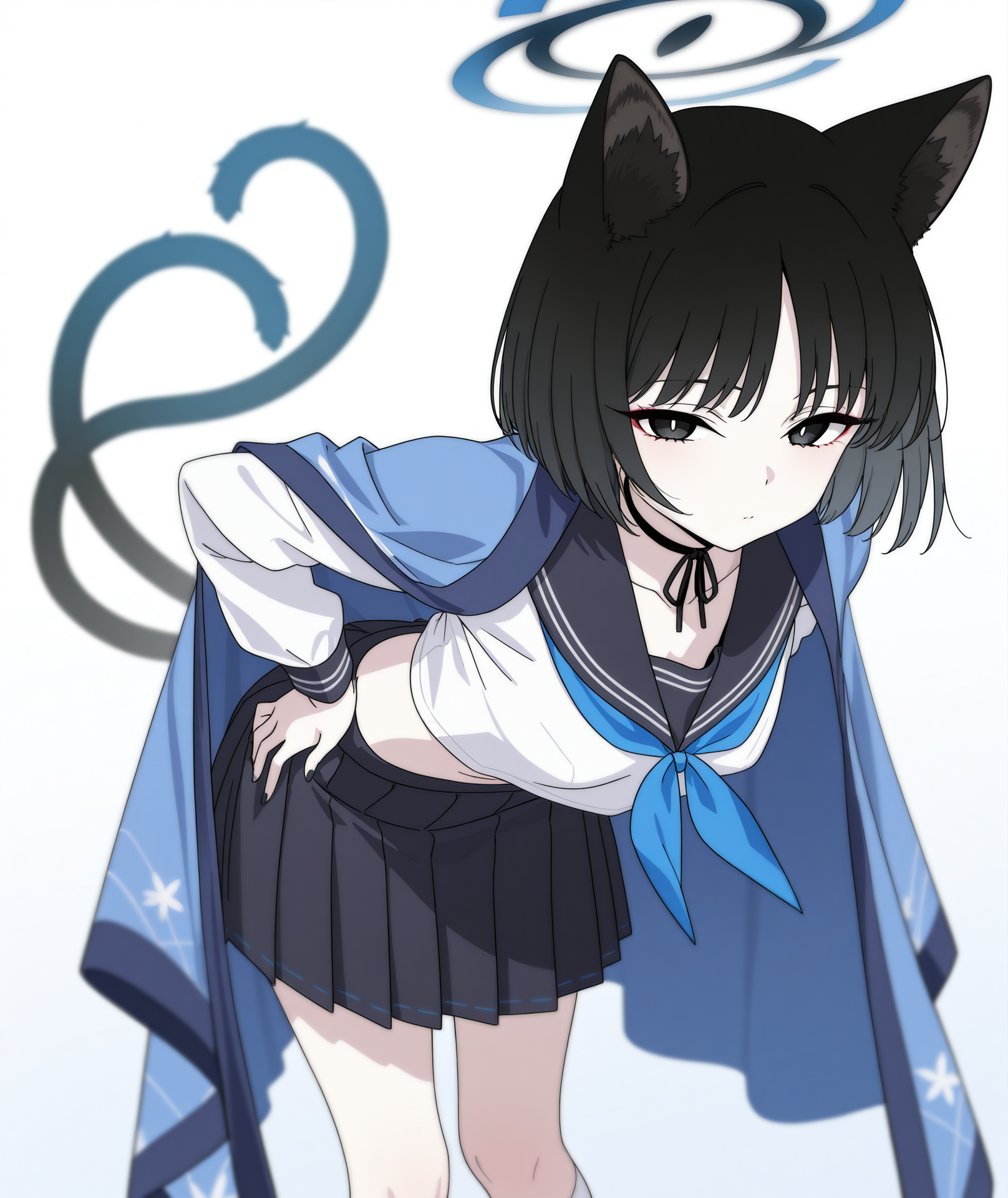 official art, absurdres, highres, anime coloring, hi res, best quality, masterpiece, 2d, intricate details, 4k,
1girl, solo, eyelashes, nose, short hair, bangs, brown hair, black hair, black eyes, antenna hair, halo, 
animal ears, tail, cat ears, cat tail, cat girl, double tail,
breasts, black skirt, sailor collar, shirt, long sleeves, school uniform, white shirt, midriff, crop top, neckerchief, black sailor collar, blue neckerchief, choker, blue cape, cape, 
skirt, pleated skirt, serafuku, socks, kneehighs, white socks,
cowboy shot, looking at viewer, leaning forward, hands on own hips, 
depth of field, white background, gradient background,  <lora:Kikyou_(Blue_Archive)_ILXL:1>, kikyou \(blue archive\),