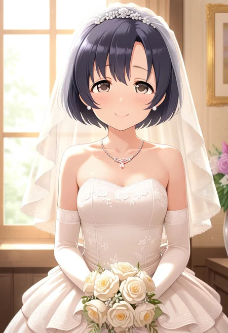 masterpiece,best quality,amazing quality, shiragiku hotaru, short hair, black hair, brown eyes, 1girl, solo, gloves, dress, jewelry, flower, wedding dress, veil, necklace, elbow gloves, smile, looking at viewer