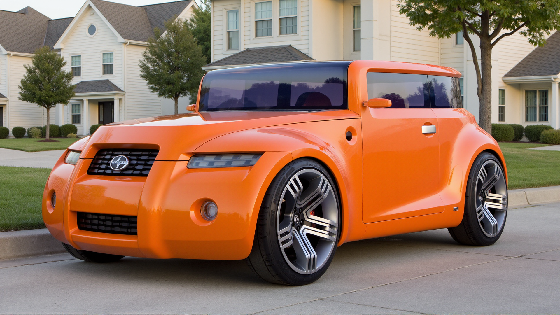 A photorealistic depiction of the Scion Hako Coupe Concept in a quiet suburban neighborhood at midday. The bold, boxy proportions and retro-modern design are showcased with its bright orange finish gleaming under the clear sunlight. The wraparound panoramic glass reflects the blue sky and neatly aligned houses. The wide grille, narrow LED headlights, and sculpted wheel arches blend seamlessly into the clean and orderly environment. The polished multi-spoke alloy wheels rest on smooth pavement, with tree-lined streets and neatly trimmed lawns completing the welcoming and relatable scene
 <lora:ral-hkcpcncpt_000004000:1>