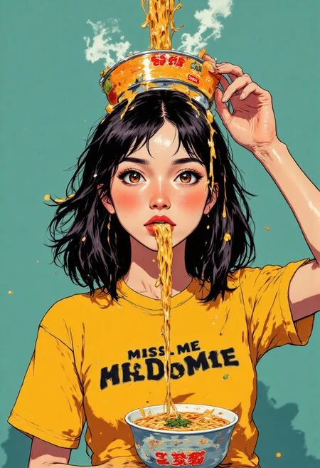Upper body portrait of an Asian woman with shoulder-length, wavy black hair with subtle caramel highlights, styled in a tousled, effortless manner. She has bright, expressive almond-shaped eyes, defined brows, and wears minimal makeup with just a touch of peachy blush and glossy coral lips. Her expression is playfully mischievous yet seductive as she gazes directly at the viewer. She wears a fitted mustard-yellow t-shirt with the quirky phrase "MISS ME MISS INDOMIE" printed in bold black typography across the chest. She also holding a package of instant noodle with text "INDOMIE".
Against a clean, matte teal background, she balances an UPSIDE DOWN ramen bowl on her head like a hat, with the BOWL'S BOTTOM FACING UPWARD. The INVERTED BOWL sits at a slight angle, creating an unconventional yet stylish headpiece. Noodles dangling from the INVERTED BOWL, cascading down around her face and shoulders in golden-yellow streams.  One single, unbroken noodle strand stretches elegantly from the bowl down to her slightly parted lips, creating a direct connection between the food and her mouth. She appears about to slurp this single noodle, her lips forming a subtle pucker. Small drops of broth cling to the noodles, catching the light like jewels. The lighting is bright and commercial, highlighting the steam rising from the hot noodles and giving the perfect food advertisement.