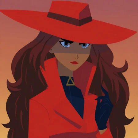 vector artstyle, flat color, c4rmn19, long hair, brown hair,dark skin,red hat, black gloves, red coat, lipstick,