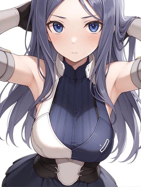 masterpiece,best quality,newest,
1girl,solo,
<lora:kanade_ilxl_v1.6:1>,kanade,blue eyes,blue hair,long hair,
talaria,elbow gloves,skirt,<lora:Fixhands_anime_bdsqlsz_V1:1>,dynamic_angle,looking_at_viewer,standing,light_blush,armpits,hand_in_hair,upper_body,face_focus,simple_background,white_background,