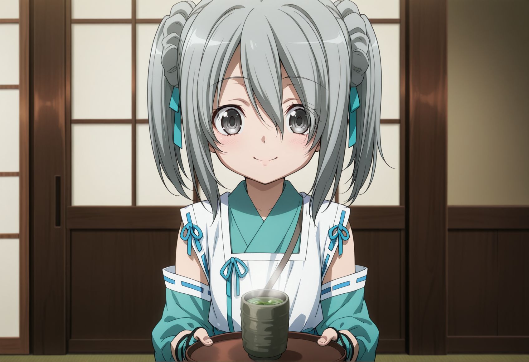 anime screenshot, anime coloring, 1girl, medium hair, grey hair, twintails, scrunchie, grey eyes, hair ribbon, onmyouji, white japanese clothes, ribbon, detached sleeves, fingerless gloves, holding tray, smile, upper body, yunomi, smoke, green tea <lora:hanbee_nobuna_illus:1>, masterpiece, best quality, amazing quality, very aesthetic, absurdres, highres, newest