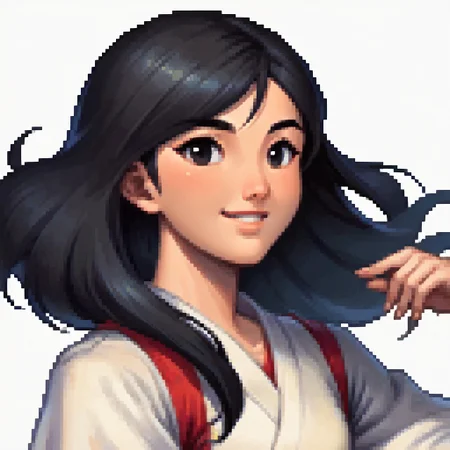 score_9, score_8_up, score_7_up, source_anime BREAK, fedsportraits, portrait, white background, solo, 1girl,  mulan, asian, black hair, black eyes, hanfu, happy