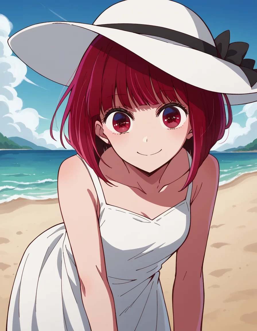 score_9, score_8_up, score_7_up, source_anime,
kanaarima, <lora:kana-arima-s1-ponyxl-lora-nochekaiser:1>,
kana arima, short hair, bangs, red eyes, red hair, bob cut, smile,
hat, dress, ribbon, sleeveless, white dress, sleeveless dress, white headwear, sun hat, sundress,
beach, bent over, smile,
looking at viewer, cowboy shot, dutch angle, solo,