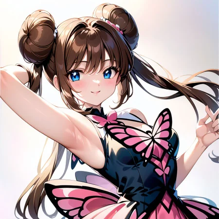 best quality, high quality, rosa pokemon, brown hair, blue eyes, long hair, hair bun, double bun, twintails, bangs, sidelocks, solo, smile, butterfly dress, arm up, armpit