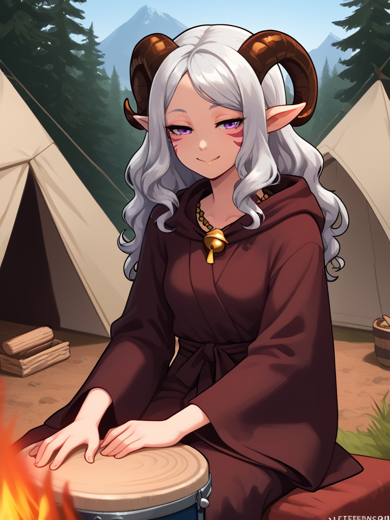 source_furry, score_7_up, rating_safe, gold necklace, tiefing, short pointed ears, brown horns, (a pair of brown sheep Horns that begin at her temples and curve back: 1.5), bangs, long silver hair long wavy hair, pale skin, short pointy ears, purple eyes, <lora:age_slider_v4:0.6>   medium breasts, skinny female, close up, silver hair, <lora:Tieflingnew weird fantasyDND:0.3> Tiefling, pointed ears, horns, <lora:Smooth Style 2 SDXL_LoRA_Pony Diffusion V6 XL:0.5> bell, robe, hood off,  <lora:whisker_markings:0.8>red whisker_markings, half-closed eyes:0.5, smile, 
<lora:bongo_drum:1> ,small bongo_drum , drumming, sitting, bare hand, no holding, dancing:1.4, cowboy shot, strap:1.2, solo,
<lora:Campfire:0.8> campfire, tent,