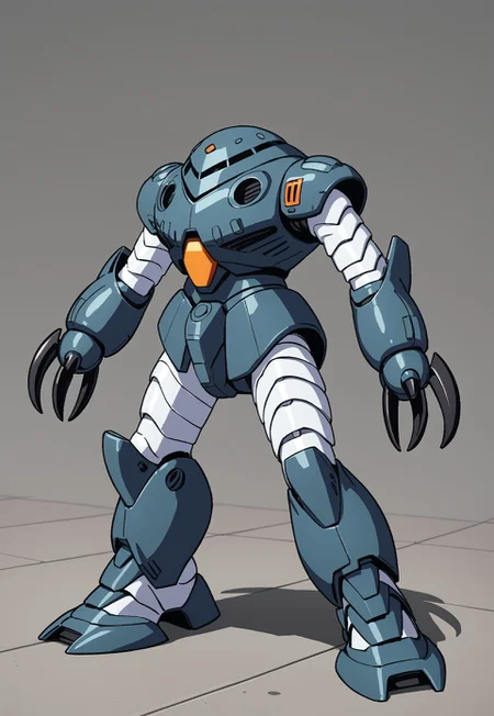 score_9, score_8_up, score_7_up, source_anime, cowboy shot, side view, BREAK, ( zgok_experiment, no monoeye visible, walking stance, arm out to the side with claws closed, arm in front of body with claws open, ) 1mech, mech focus, solo, BREAK, metal floor, grey sky, shadow,