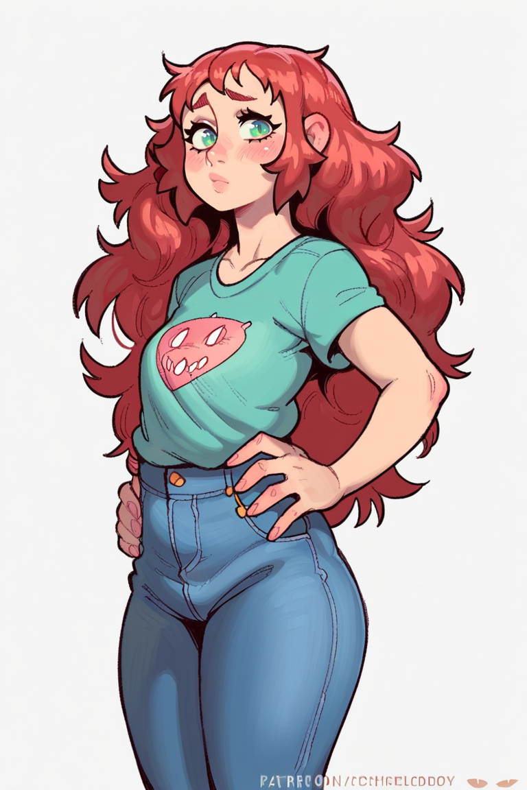 <lora:Chelodoy:1>, score_9, score_8_up, score_7_up, score_6_up, score_5_up, rating_questionable, source cartoon
1girl, pretty face, pretty eyes, detailed eyes, HD eyes, thick thighs
hands on hips, standing, cowboy shot
looking at viewer, blush, eyebrows, long hair, red hair, green eyes jeans, green t-shirt, boots, high waisted jeans
simple background, white background