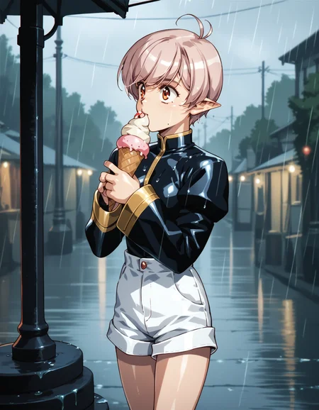 score_9, score_8_up, score_7_up <lora:tippi-ponyxl-000025:1> tippi, juliet sleeves, black shirt, shorts,
1girl, solo, rain, ice cream, outdoors, storm