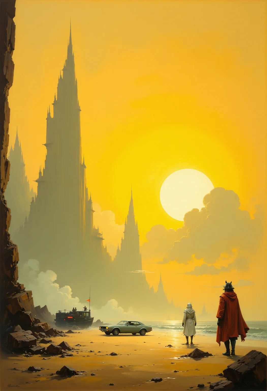 A beautiful expressive painting.
This is a high-quality digital artwork depicting a surreal, futuristic beach scene at sunset. The background features a golden, gradient sky with a large, crescent moon and a smaller, full moon, casting an ethereal glow over the landscape. The foreground showcases a desolate, rocky shoreline with scattered vehicles, including a prominent, broken-down car emitting red lights. Two figures, one in a red cloak and the other in a white outfit, stand near the water's edge, adding a sense of scale and mystery. The scene is framed from a low angle, emphasizing the towering, futuristic skyscrapers in the distance, partially obscured by mist. The overall aesthetic is highly detailed and visually striking, with a strong emphasis on light and shadow, creating a dreamlike, otherworldly atmosphere.
<lora:articp01_epoch_13:1>