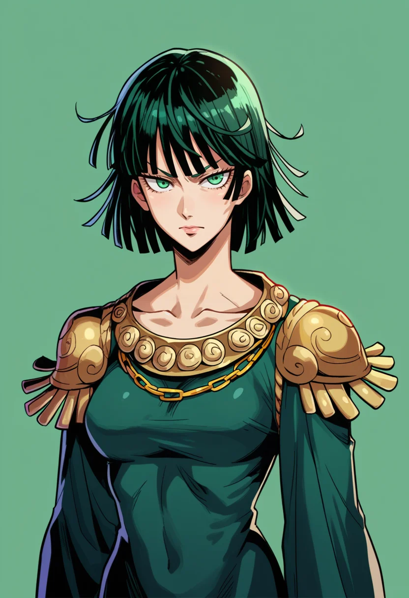 score_9, score_8_up, score_7_up, BREAK <lora:hades-guy-PONYv1:1>, shadow, portrait, 1girl, solo, green background, fubuki \(one-punch man\), dress,