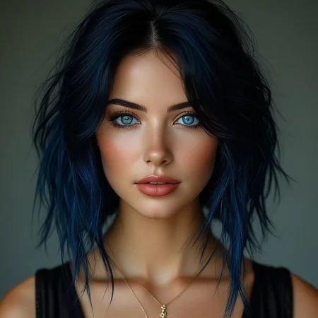 bellissima 1girl, solo, long hair, looking at viewer, blue eyes, black hair, jewelry, blue hair, parted lips, necklace, blurry, lips, blurry background, portrait, forehead, realistic, nose