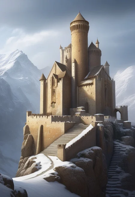 a watchtower on a (tall rock spire), (13th Century:1.5), a stairway to the keep, doorway, mountain in background, very wide shot, fantasy, atmospheric effects, snow, best quality, masterpiece, realistic, photo-realistic, amazing, finely detail, ultra-detailed, highres, extremely detailed, 8k wallpaper