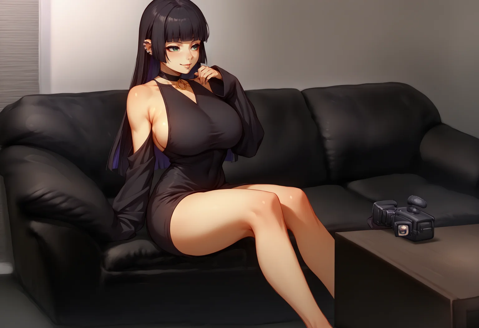 score_9, score_8_up, score_7_up, source_anime, 1girl, casting couch, couch, <lora:CastingCouch_XLPD:1>, seductive smile, sitting, <lora:Hoseki_BTR_Pasan_PDXL_v1:1> pasan, large breasts, ear piercing, chin piercing, hime cut, choker, black dress, shoulder cutout, sleeves past fingers