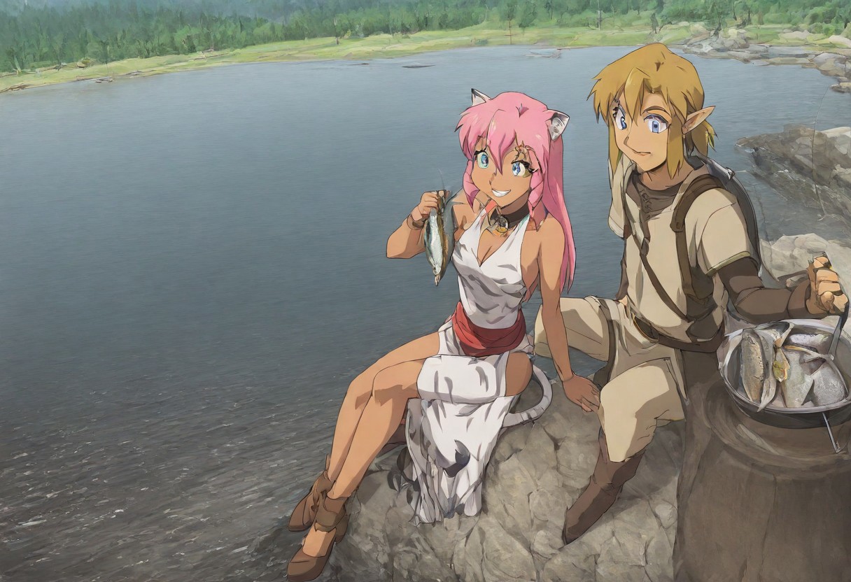 Pink_DragonPink, 1girl, sleeveless dress, white tiger print dress, pelvic curtain, cleavage, white tiger tail, red sash, small breasts, leather shoes, masterpiece, very aesthetic, smiling wide, <lora:pink-illustrious:1>, 
Break
(anime, anime coloring:1.3),1boy,Anime screencap,link (zelda),blonde hair,blue eyes,pointy ears, wearing blue hyilian tunic,
Break
Hyrule field, sunny day, on a lake, at a camp fire, fish,Fish_Stringer:1.5 <lora:Fish_Stringer_Stockfish_ILXL:1.5>, pink holding fish stringer, cooking fish at a camp fire, fish on rotisserie