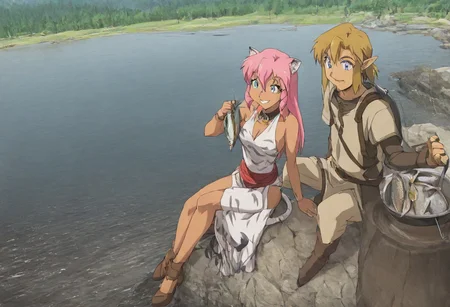Pink_DragonPink, 1girl, sleeveless dress, white tiger print dress, pelvic curtain, cleavage, white tiger tail, red sash, small breasts, leather shoes, masterpiece, very aesthetic, smiling wide, <lora:pink-illustrious:1>, 
Break
(anime, anime coloring:1.3),1boy,Anime screencap,link (zelda),blonde hair,blue eyes,pointy ears, wearing blue hyilian tunic,
Break
Hyrule field, sunny day, on a lake, at a camp fire, fish,Fish_Stringer:1.5 <lora:Fish_Stringer_Stockfish_ILXL:1.5>, pink holding fish stringer, cooking fish at a camp fire, fish on rotisserie