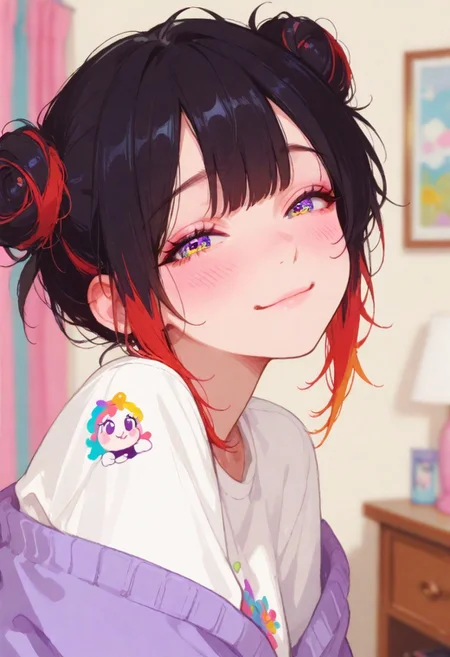 Flat colors, high detailed, high quality, masterpiece, best quality, very awa, absurdres, detailed eyes, detailed face, detailed skin, simple background, BREAK
(colourful:1.3), (cute character:1.5), 1girl, 25 years old, perfect face, adult, detailed face, portrait, face focus, depth of field, looking at viewer, blush, shy smile, (close up), multicolored hair, black hair, red hair, hair bun, double bun, messy hair, white shirt, purple cardigan, off shoulder, bedroom, detailed background, soft pastel colours, warm and sunny atmosphere,
748cmstyle, artist:moriimee