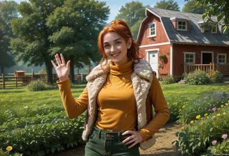 score_9, score_8_up, score_7_up,, high res ima , source_photo, source_real, (realistic:1.4),
1girl, cowboy shot, solo, smile, waving,
outdoors, farm, garden, <lora:Robin_-_IL:0.8> Robin_SDV, green eyes, orange hair, ponytail, yellow turtleneck, green pants, brown vest, fur trim, masterpiece, best quality, good quality, newest, hands on hip, very low angle