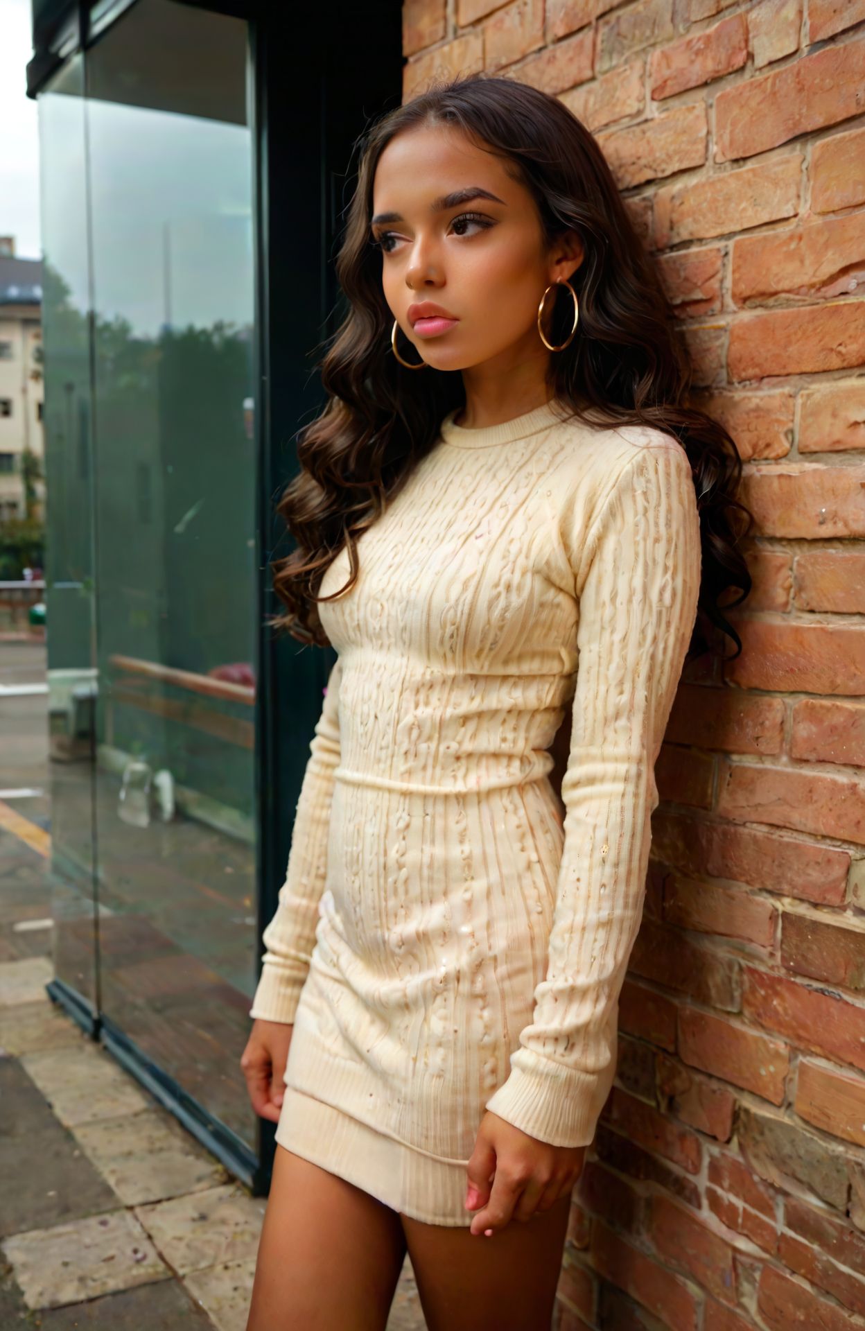 <lora:chav_pny-6:0.8> chav style, 1girl, solo, long hair, black hair, dress, sweater, lips, handbag, realistic, against wall, sweater dress, tan, looking away, large forehead, young, outdoors, overcast, reflection, glass building, hoop earrings, jewlery, wavy hair, medium breasts, british, score_9, score_8_up, score_7_up, score_6_up, score_5_up, score_4_up