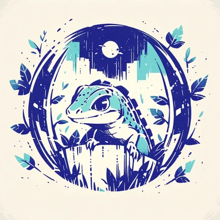 (simple retro design, logo, manga style, 2tone), Two legged lizard with leaves
