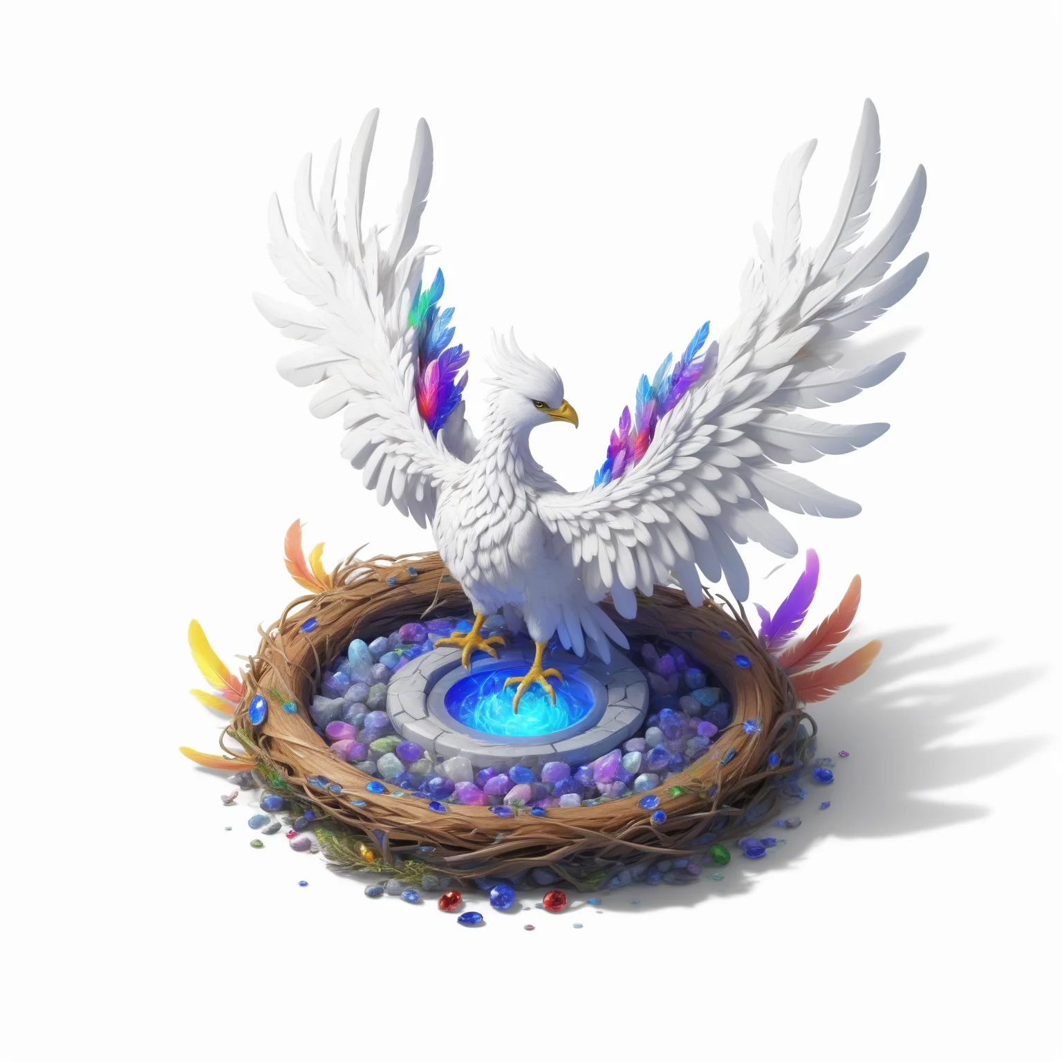 (((masterpiece))),(((best quality))),((ultra-detailed)),solo,isometric,
WAM_bd,solo,
A pure white phoenix, with a nest composed of sapphires below, surrounded by rainbow-colored feathers,,
(white background, simple background:1.5),fantasy art,
 <lora:WAMå»ºç­æ¨¡å:0.8>
