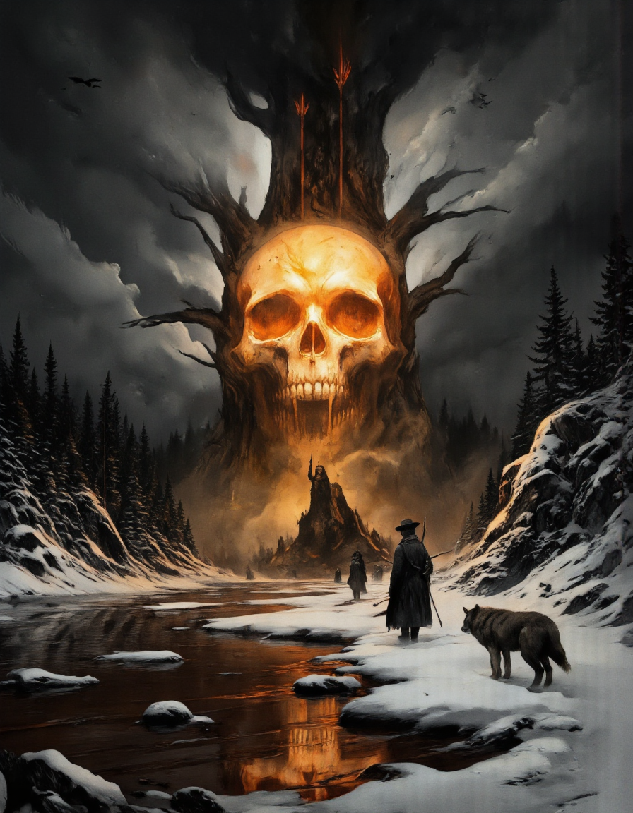 . A dramatic digital illustration shoot from a far camera angle about a group of people walking towards a large, glowing skull-like structure in a snowy forest, accompanied by arrows. the scene is set against a dark, stormy sky with a few birds flying in the distance. on the left side of the image, a man stands in the middle of the scene, facing away from the viewer. he appears to be a young adult, with a serious expression on his face. he is wearing a long coat and a hat, and is holding a spear in his right hand. in front of him, another man is walking towards him, holding a weapon in his left hand. on his right side, a wolf is walking alongside him. in the background, there is a large tree with two red arrows on top, and a snow-covered forest surrounding the structure. the structure is glowing with a warm, orange light, and it is situated in the foreground, with the water reflecting the dramatic lighting.