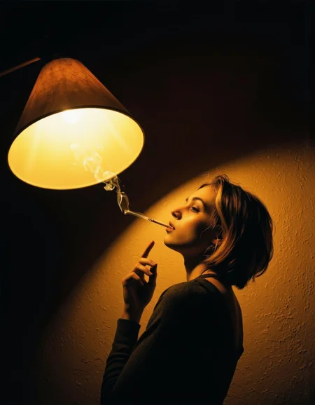 This photograph depicts a young woman in an intimate, dimly lit setting. The image captures her profile from the shoulders up. She has fair skin and short blonde hair styled in a tousled bob. She wears a simple, dark-colored top. The woman holds a lit cigarette in her mouth, with a thin trail of smoke curling upwards towards the light source, creating a subtle, ethereal effect. The light source is a large cone-shaped lampshade, emitting a warm, yellowish glow that casts a soft shadow on the wall behind her. The wall itself is textured and painted in a dark, earthy tone, adding to the moody atmosphere. The lighting and shadows create a dramatic contrast, emphasizing the woman's facial features and the texture of her hair. The overall mood of the photograph is contemplative and introspective, enhanced by the soft lighting and the woman's pensive expression. The photography has a cinematic quality, with an emphasis on emotional depth and subtle detail. <lora:Synesthesia:0.45>