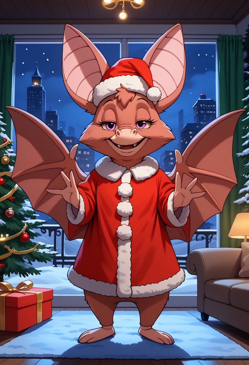 score_9, score_8_up, score_7_up, detailed background city park, winter, night, christmas tree, indoors, appartments, living room
1girl, bat, bat girl, animal ears, bat ears, smile, foxglove bat, big bat wings, happy look, santa claus outfit, sant hat, BREAK
feral bat wings, standing, half closed eyes, looking at viewer, spread wings