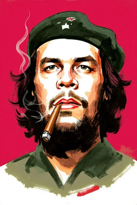 watercolor illustration.
The image is a stylized, modern digital drawing in a pop art style, featuring a man, Che Guevara, wearing a military uniform, a beret, and smoking a cigar. The background is a solid, deep red color, creating a striking contrast with the figure. The man has a stylized, exaggerated appearance with prominent, angular features. He has a prominent nose and mouth <lora:watercolor.comic1_cap_d6a3:1.0><lora:830694980826880921:0>