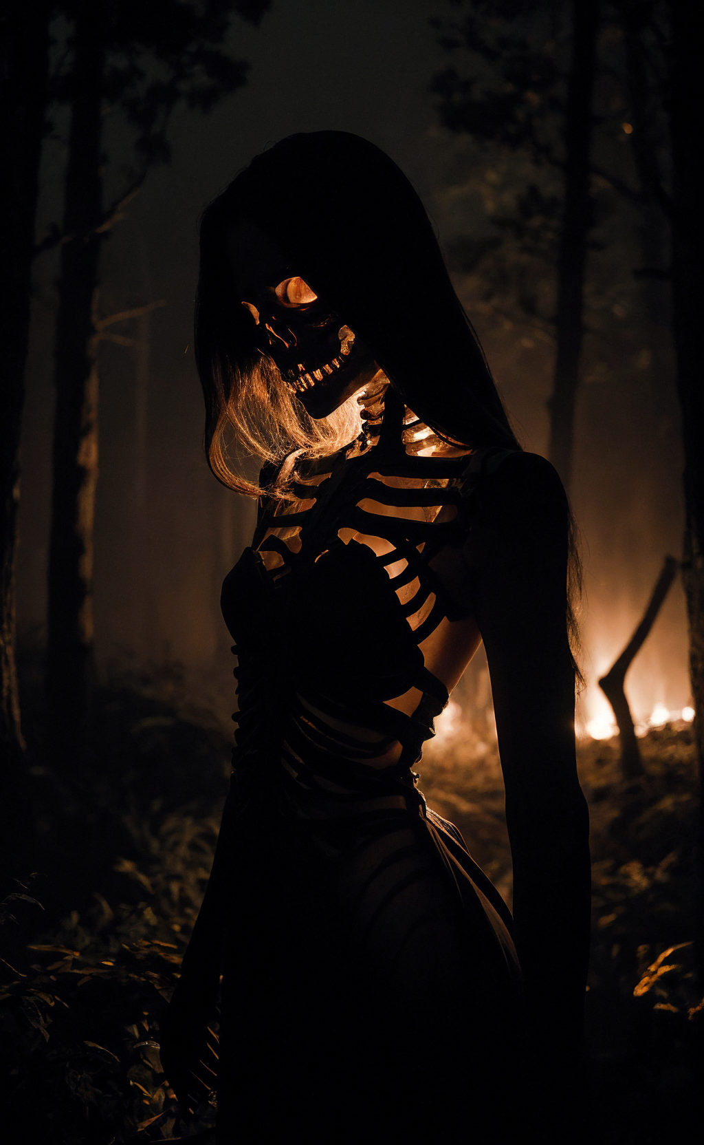 <lora:epoxy_skull-batchsize1-bf16:0.6>, The Skeleton young Witch, flying, epoxy_skull, amidst a black swirling vortex in a dark, mystical forest. A beautiful woman with long hair stands, her figure draped in skeletal armor and an ethereal dress, engulfed by the swirling darkness. The scene is intensely cinematic, dominated by deep shadows pierced by subtle hints of light, crafting a dramatic interplay of darkness and luminescence. Wind, intensified to 1.2, weaves through the trees, enhancing her enigmatic silhouette, now surrounded by black smoke and the eye of a storm. Close-up on her sad expression, amidst sparkling embers and a billowing long piece of cloth, with a faint (intensity:0.5) hint of a Skeleton mask,