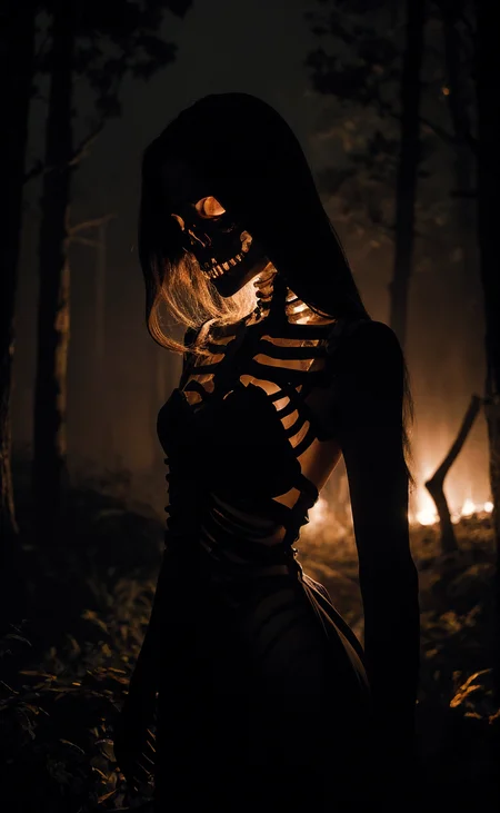 <lora:epoxy_skull-batchsize1-bf16:0.6>, The Skeleton young Witch, flying, epoxy_skull, amidst a black swirling vortex in a dark, mystical forest. A beautiful woman with long hair stands, her figure draped in skeletal armor and an ethereal dress, engulfed by the swirling darkness. The scene is intensely cinematic, dominated by deep shadows pierced by subtle hints of light, crafting a dramatic interplay of darkness and luminescence. Wind, intensified to 1.2, weaves through the trees, enhancing her enigmatic silhouette, now surrounded by black smoke and the eye of a storm. Close-up on her sad expression, amidst sparkling embers and a billowing long piece of cloth, with a faint (intensity:0.5) hint of a Skeleton mask,