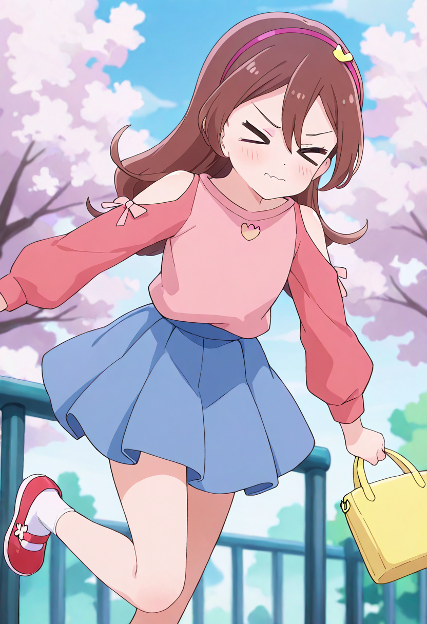masterpiece, best quality, absurdres, very aesthetic, general,
sakura uta, casual, 1girl, brown hair, > <, solo, closed eyes, handbag, :t, pout, blue skirt, clothing cutout, shoulder cutout, white legwear, long sleeves, pink shirt, outdoors, tree, blurry background, hair between eyes, outstretched arms, spread arms, hair ornament, pink hairband, long hair, pink footwear, depth of field, yellow bag, closed mouth, wavy mouth, :i, running, railing, blush, sky, v-shaped eyebrows, day, hair bow, holding bag, pleated skirt, cloud, hair ribbon, miniskirt, white socks, red footwear
<lora:cure_idol_sakura_uta_illustXL_locon_v1:0.8>