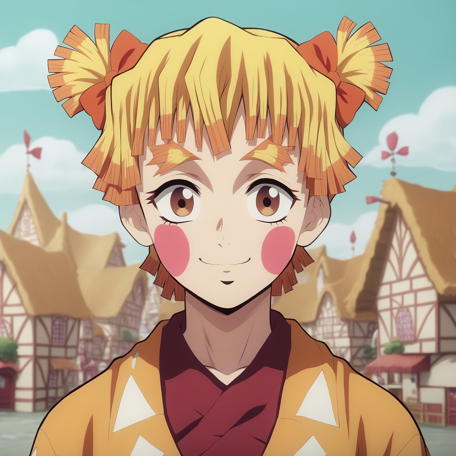 <lora:SlimesFemZenitsu-000003:1>, slimes_femzenitsu, eyes open, brown eyes, smile, village background
