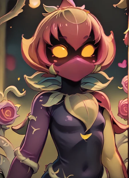 score_9, score_8_up, score_7_up, <lora:bslily:1>bslily 1girl green skin , yellow eyes, shaded face, no mouth, pink hair , shaded face, ,pink mouth mask, plant girl , sleveless , black bodysuit , Vines , asymmetrical sleeves, purple sleeve , cape, <lora:Kittew-4RCH0N:1>4RCH0N